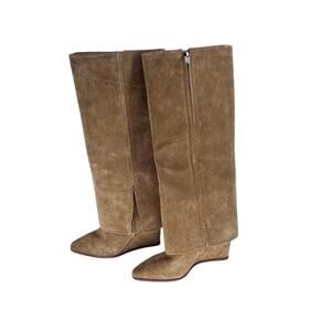 NWOT Vince Camuto Tibani Knee High Suede Wedge Boots Camel Tan Size 9 Fold Over